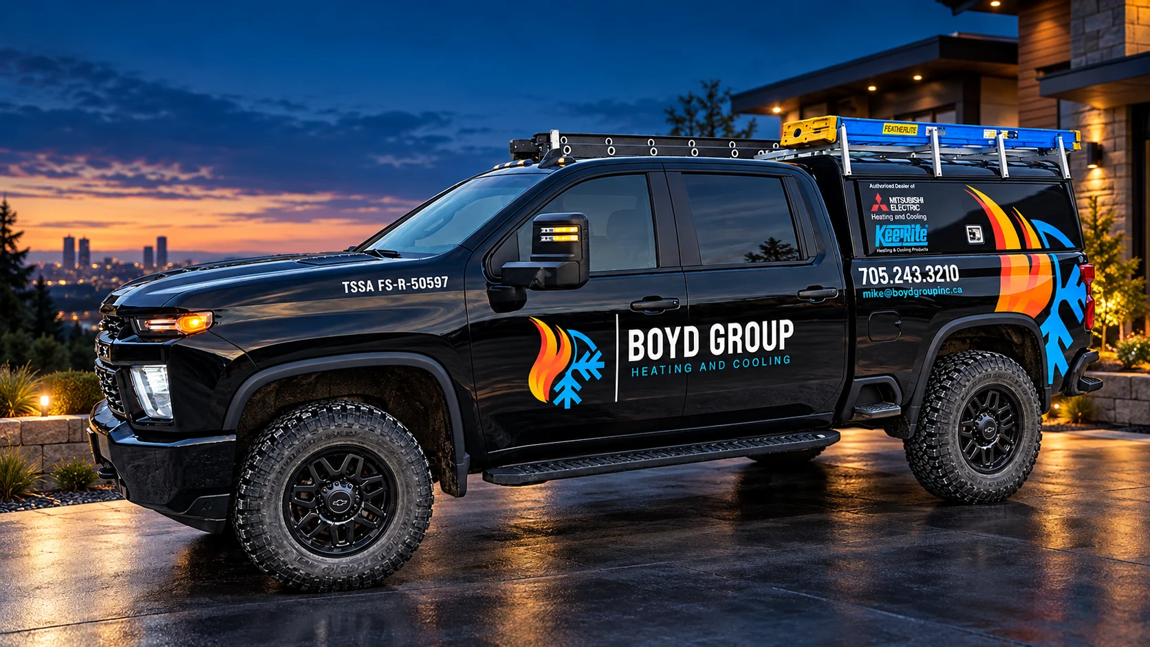 Boyd Group service truck parked outside a modern home at dusk