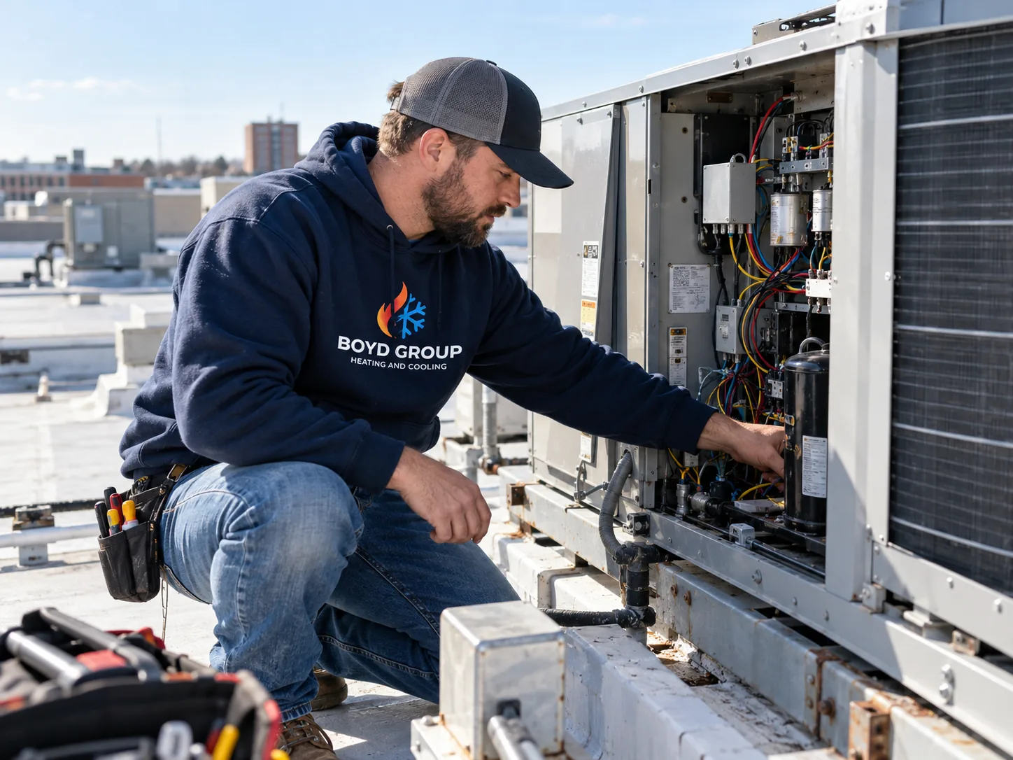 Boyd Group technician servicing a commercial rooftop HVAC unit
